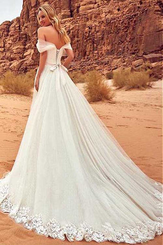 A-line Off Shoulder Tulle Wedding Dresses with Sweep Brush Train