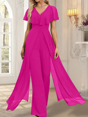 Jumpsuit/Hosenanzug V-Ausschnitt Bodenlanges Chiffon Abendkleid