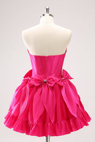 Trendy Black Strapless A-Line Satin Short Homecoming Dress with Bow