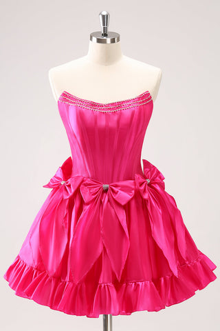 Trendy Black Strapless A-Line Satin Short Homecoming Dress with Bow