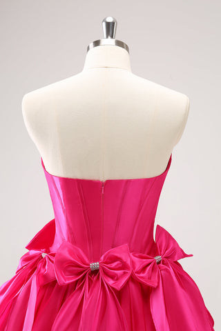 Trendy Black Strapless A-Line Satin Short Homecoming Dress with Bow