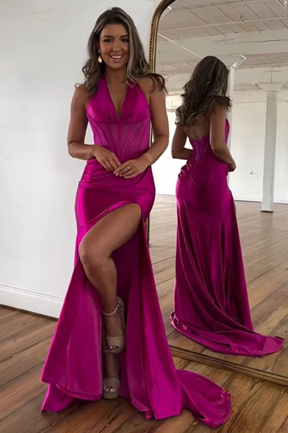 Fuchsia Halter Neck Meramid Satin Long Corset Prom Dress with Slit