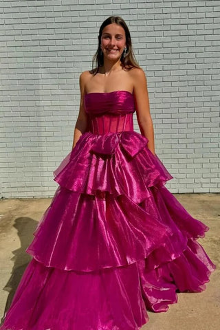 Organza A-line Strapless Ruffle Tiered Prom Dresses With Slit
