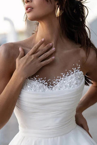 Glamorous Satin A-line Sweetheart Modest Wedding Dresses With Pearls