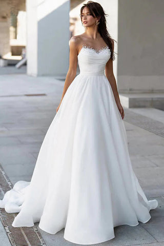 Glamorous Satin A-line Sweetheart Modest Wedding Dresses With Pearls