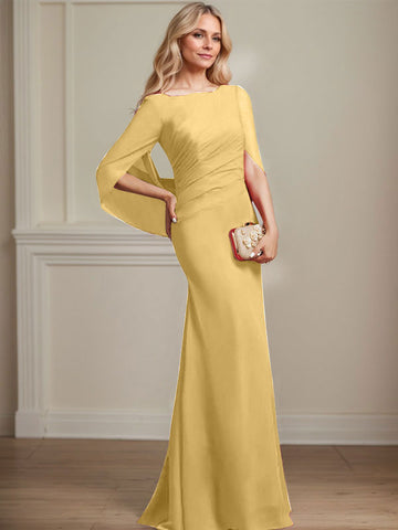 Trompete/Meerjungfrau U-Boot-Ausschnitt Bodenlang Chiffon Mutter der Braut Kleid Mit Plissee