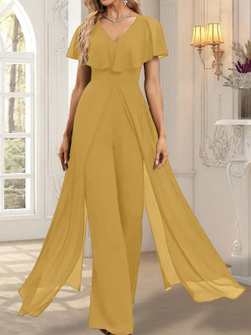 Jumpsuit/Hosenanzug V-Ausschnitt Bodenlanges Chiffon Abendkleid