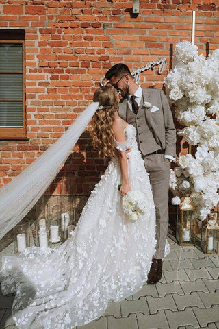 Gorgeous A-line Off-the-Shoulder 3D Flowers Beach Wedding Dresses