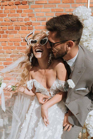 Gorgeous A-line Off-the-Shoulder 3D Flowers Beach Wedding Dresses