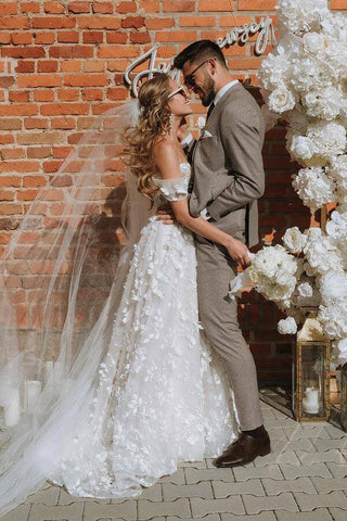 Gorgeous A-line Off-the-Shoulder 3D Flowers Beach Wedding Dresses