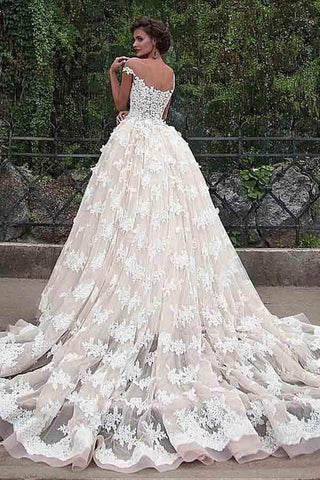 Gorgeous Ball Gown Cap Sleeves Wedding Dresses With Lace Appliques