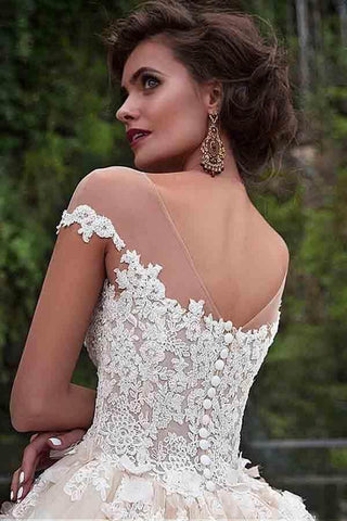 Gorgeous Ball Gown Cap Sleeves Wedding Dresses With Lace Appliques