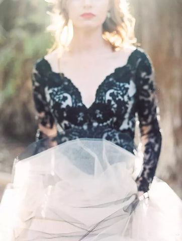 Gorgeous Black Lace A-line V-neck Long Sleeves Wedding Dresses