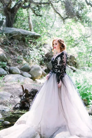 Gorgeous Black Lace A-line V-neck Long Sleeves Wedding Dresses
