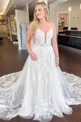 Gorgeous Ivory Tulle A-line Spaghetti Straps Lace Wedding Dresses