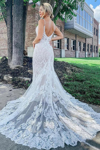 Gorgeous Lace Mermaid Deep V-neck Wedding Dresses, Bridal Gowns