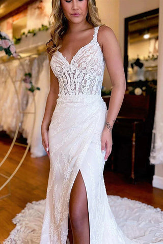 Gorgeous Mermaid Backless V-neck Lace Appliques Wedding Dresses