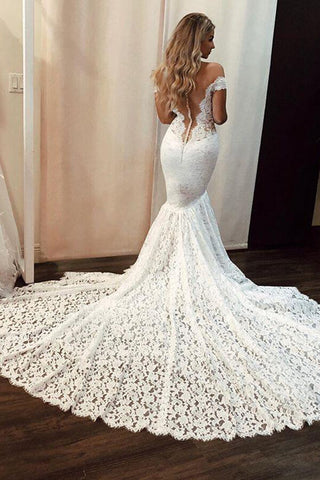 Gorgeous Mermaid Off Shoulder V-neck Court Train Lace Wedding Dresses