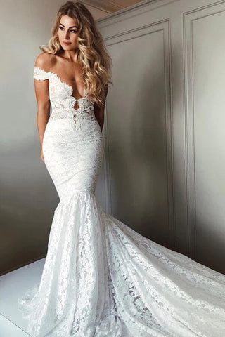 Gorgeous Mermaid Off Shoulder V-neck Court Train Lace Wedding Dresses