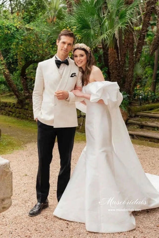 Gorgeous Satin Mermaid Off Shoulder Chapel Train Wedding Dresses