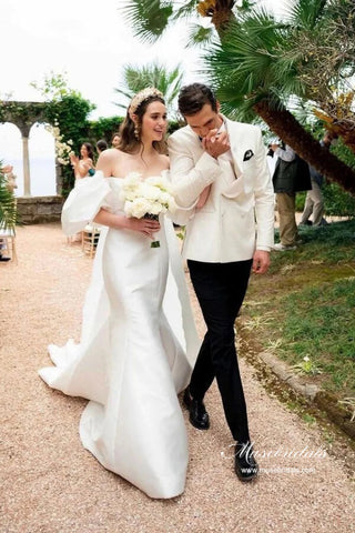 Gorgeous Satin Mermaid Off Shoulder Chapel Train Wedding Dresses