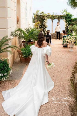 Gorgeous Satin Mermaid Off Shoulder Chapel Train Wedding Dresses