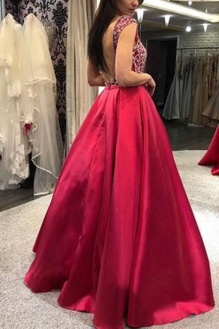 Gorgeous Scoop Neck Cap Sleeves Red Satin Prom Dresses with Beaded, Formal Gown Dresses