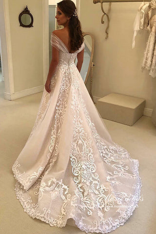 Gorgeous Tulle A-line Off-the-Shoulder Lace Appliques Wedding Dresses
