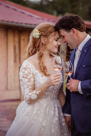 Gorgeous Tulle Lace Illusion Neck Long Sleeves Wedding Dresses