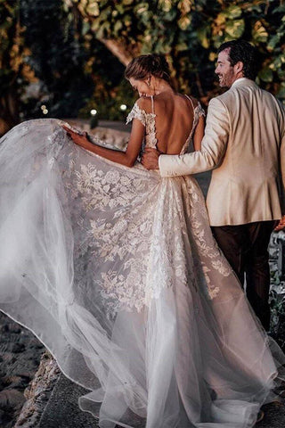 Gorgeous Tulle Mermaid Cap Sleeves Lace Appliqued Wedding Dresses