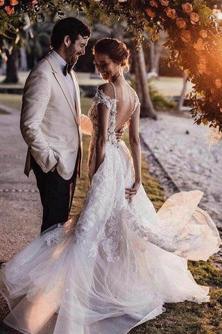 Gorgeous Tulle Mermaid Cap Sleeves Lace Appliqued Wedding Dresses