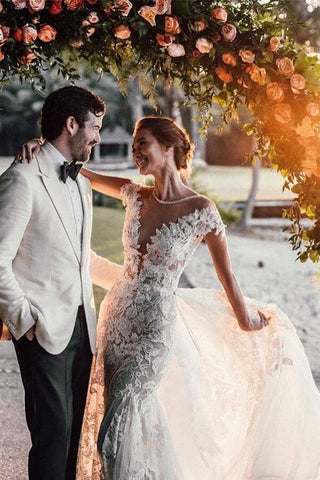 Gorgeous Tulle Mermaid Cap Sleeves Lace Appliqued Wedding Dresses