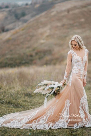 Gorgeous Tulle Mermaid Long Sleeves Wedding Dresses With Appliques