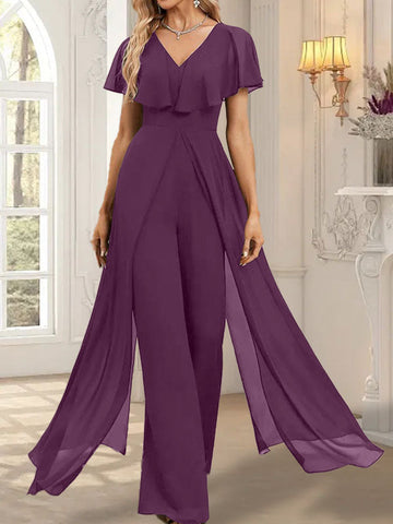 Jumpsuit/Hosenanzug V-Ausschnitt Bodenlanges Chiffon Abendkleid