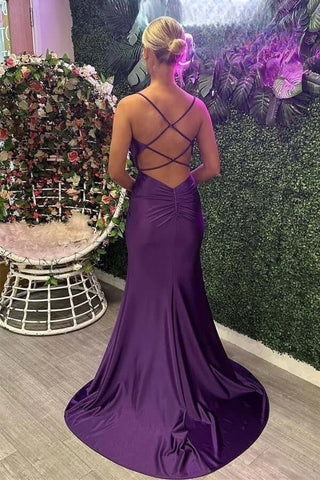 Grape Satin Mermaid Spaghetti Straps Beaded Long Prom Dresses With Slit