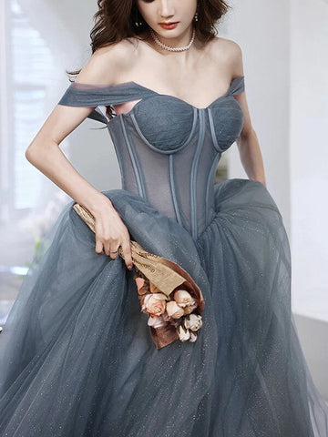 Gray Tulle A-line Off-the-Shoulder Long Prom Dresses, Evening Gowns