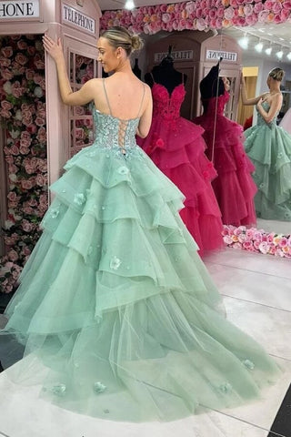 Ball Gown Sweetheart Ruffle Tiered Prom Dresses With Appliques