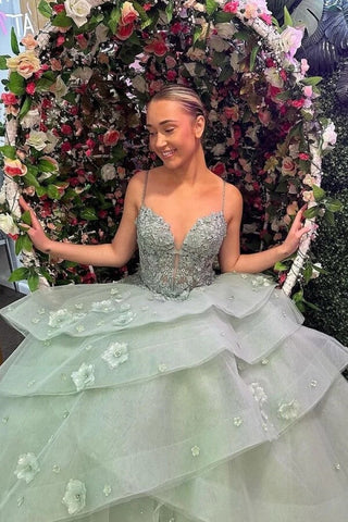 Ball Gown Sweetheart Ruffle Tiered Prom Dresses With Appliques