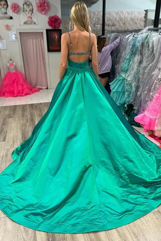 Satin A-Linie V-Ausschnitt Perlenbesetztes Spaghettiträger Ballkleid mit Schlitz