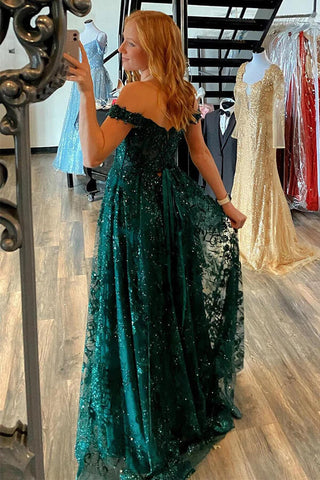 Tulle A-line Off Shoulder Lace Appliques Prom Dresses With Slit,