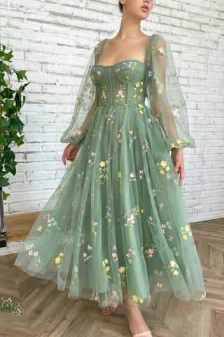 Tulle A-line Tea Length Sweetheart Prom Dresses With Embroidery