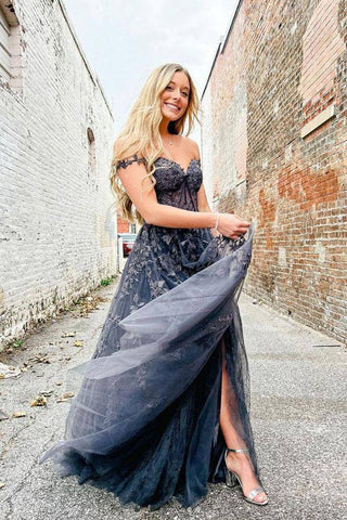 Grey A-line Sweetheart Prom Dresses With Lace Appliques, Evening Gown