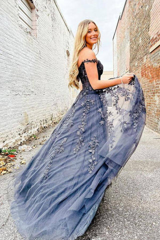 Grey A-line Sweetheart Prom Dresses With Lace Appliques, Evening Gown
