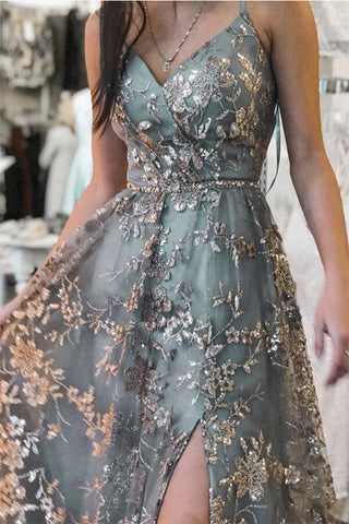 Grey Tulle Sequins Spaghetti Straps Prom Dresses With Slit, Formal Dresses