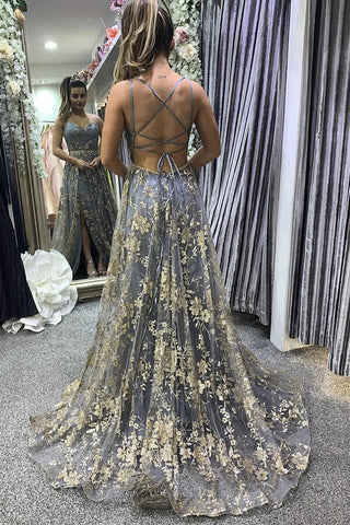 Grey Tulle Sequins Spaghetti Straps Prom Dresses With Slit, Formal Dresses