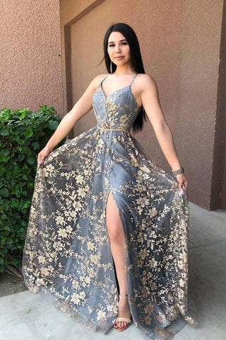 Grey Tulle Sequins Spaghetti Straps Prom Dresses With Slit, Formal Dresses