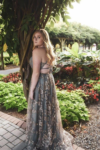Grey Tulle Sequins Spaghetti Straps Prom Dresses With Slit, Formal Dresses