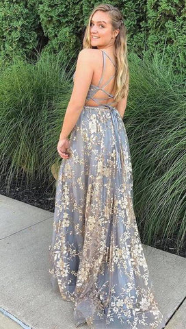 Grey Tulle Sequins Spaghetti Straps Prom Dresses With Slit, Formal Dresses
