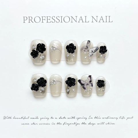 High Quality Shinny Glitter French Tips Luxury Short Coffin 3D butterfly Camellia False Nails Handmade Press on Nails