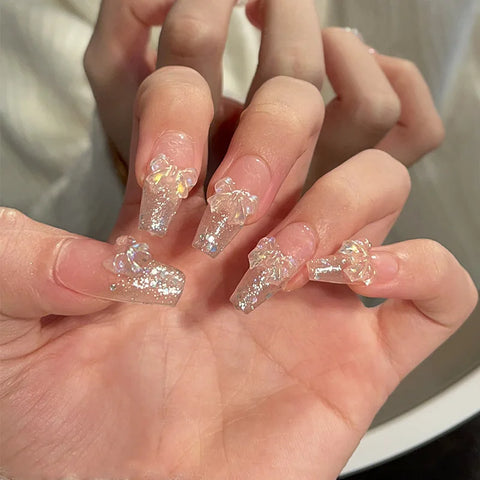 Aurora Bow Glitter Nail Stickers, Detachable Artificial Nails, Ready-to-wear, Handcrafted